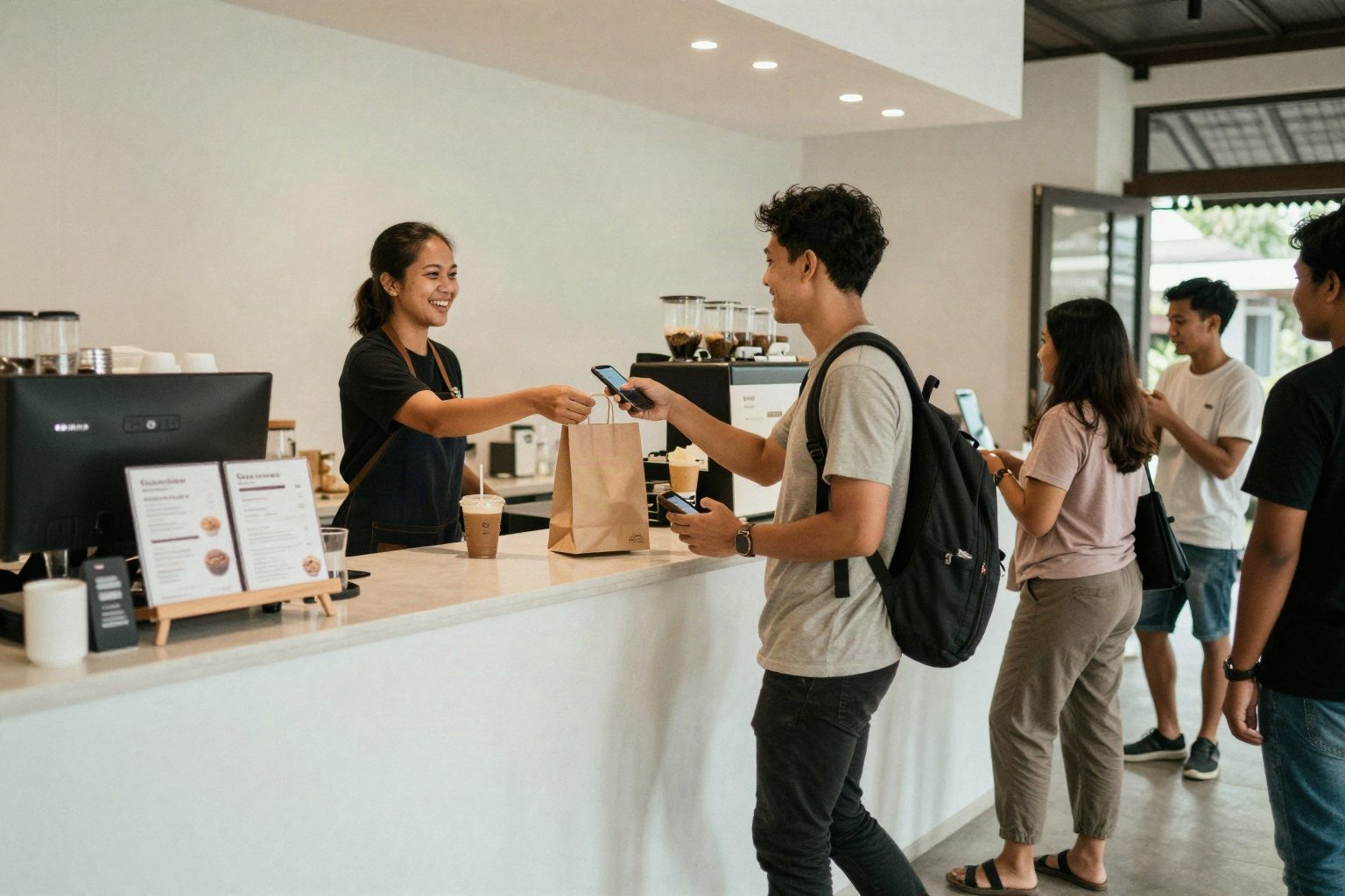 Kasir menggunakan tablet di kafe